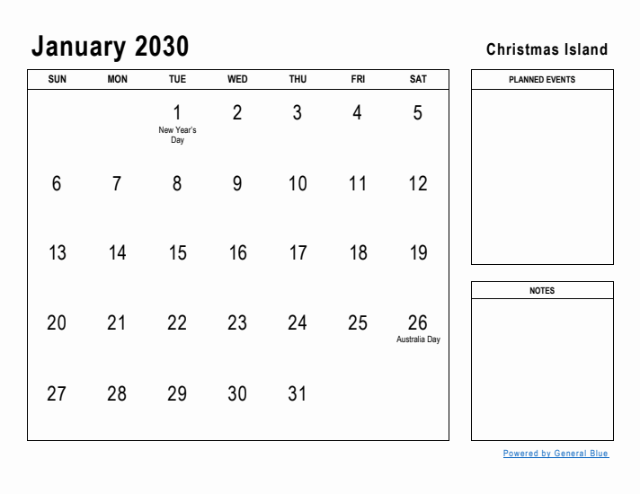 January 2030 Printable Monthly Calendar with Christmas Island Holidays