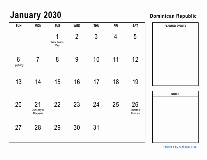 January 2030 Printable Monthly Calendar with Dominican Republic Holidays