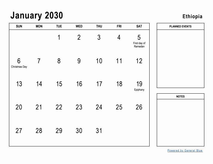 January 2030 Printable Monthly Calendar with Ethiopia Holidays