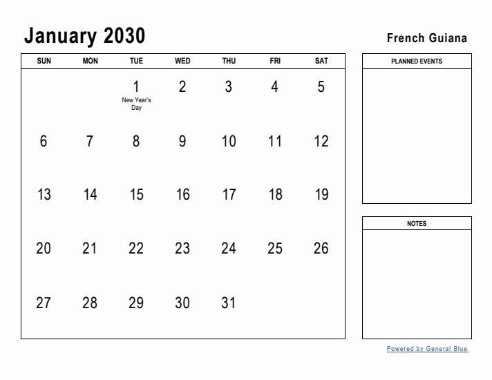 January 2030 Printable Monthly Calendar with French Guiana Holidays