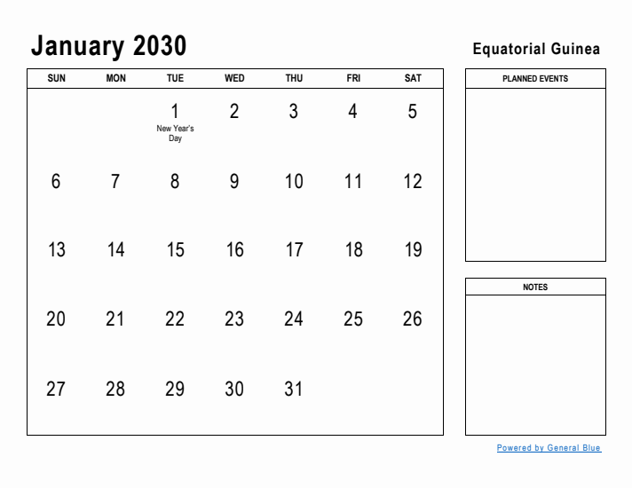 January 2030 Printable Monthly Calendar with Equatorial Guinea Holidays