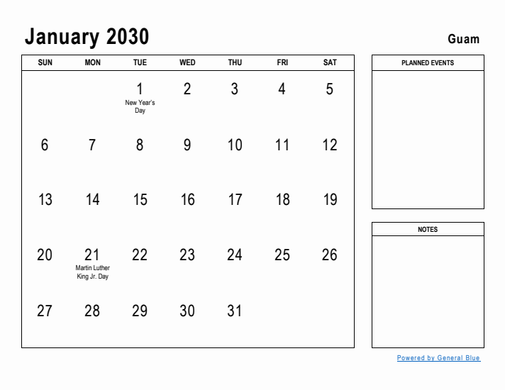 January 2030 Printable Monthly Calendar with Guam Holidays