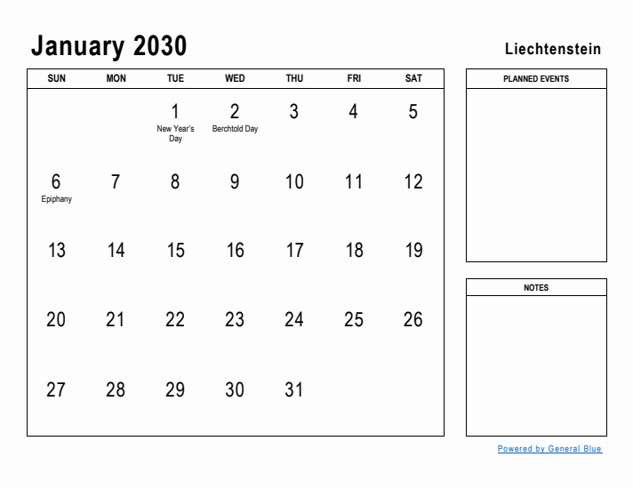 January 2030 Printable Monthly Calendar with Liechtenstein Holidays