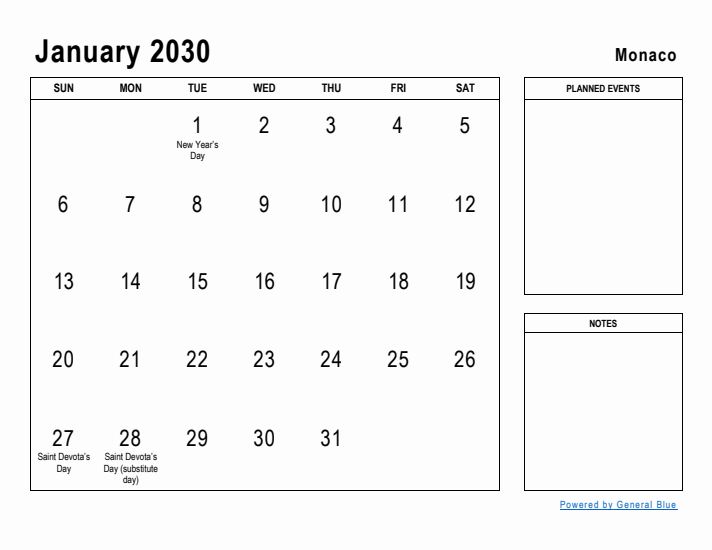 January 2030 Printable Monthly Calendar with Monaco Holidays