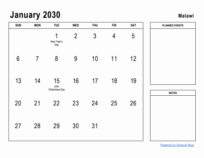 January 2030 Printable Monthly Calendar with Malawi Holidays