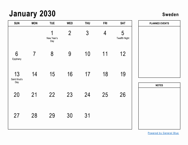 January 2030 Printable Monthly Calendar with Sweden Holidays