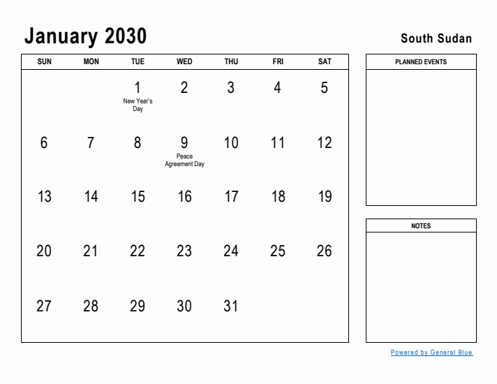 January 2030 Printable Monthly Calendar with South Sudan Holidays