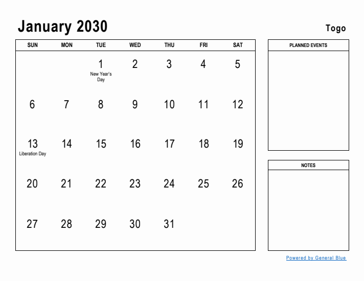 January 2030 Printable Monthly Calendar with Togo Holidays