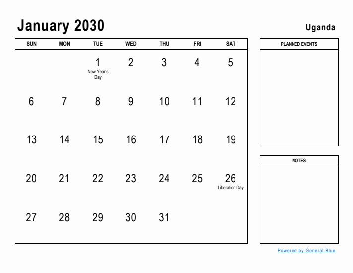 January 2030 Printable Monthly Calendar with Uganda Holidays