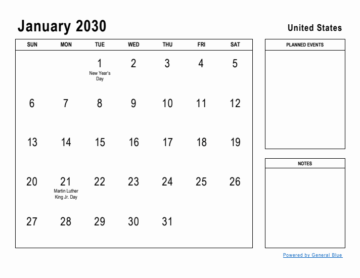 January 2030 Printable Monthly Calendar with United States Holidays