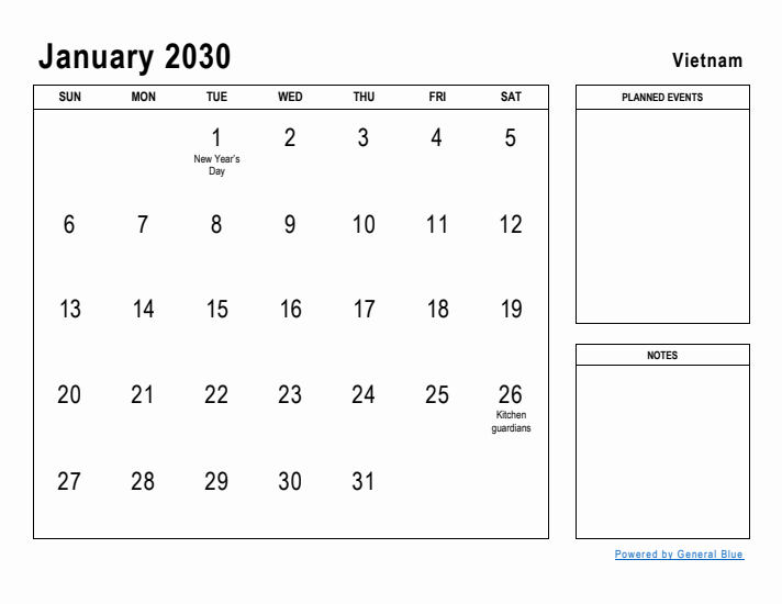 January 2030 Printable Monthly Calendar with Vietnam Holidays