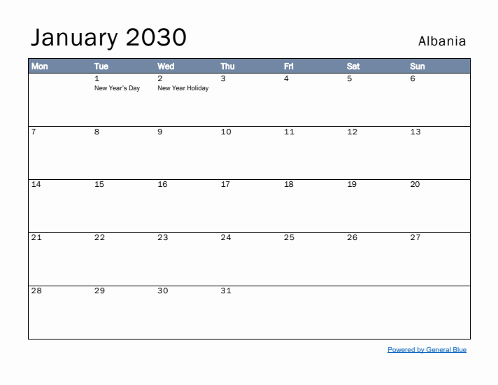 January 2030 Simple Monthly Calendar for Albania