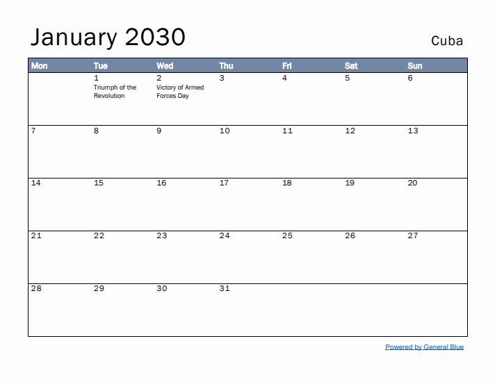 January 2030 Simple Monthly Calendar for Cuba