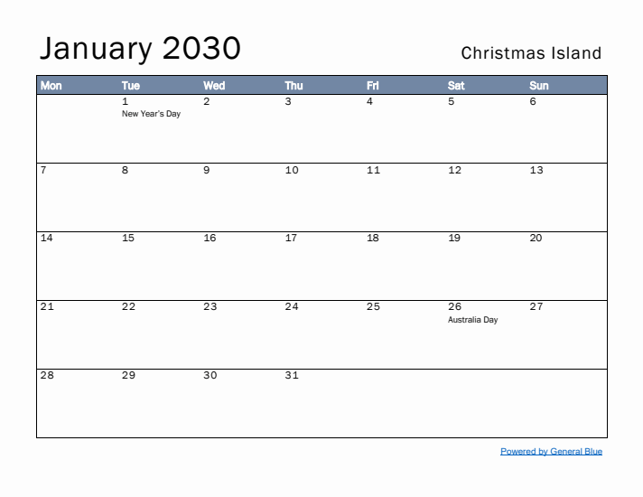 January 2030 Simple Monthly Calendar for Christmas Island