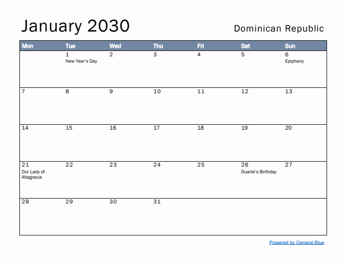 January 2030 Simple Monthly Calendar for Dominican Republic