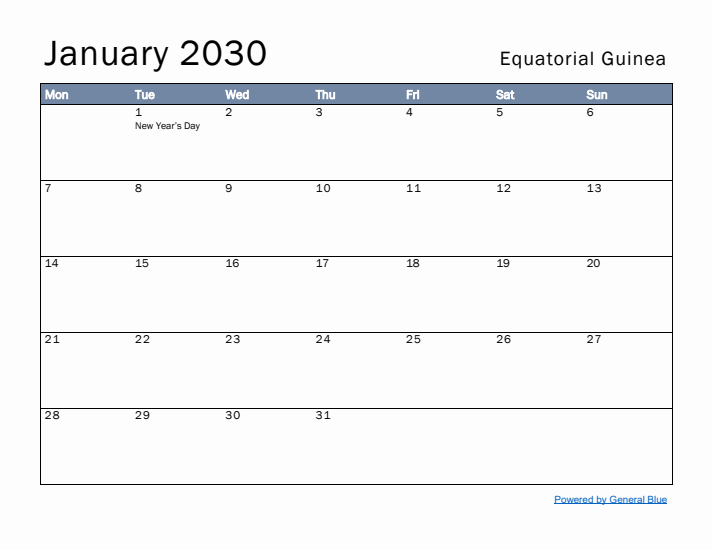 January 2030 Simple Monthly Calendar for Equatorial Guinea