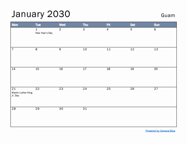 January 2030 Simple Monthly Calendar for Guam