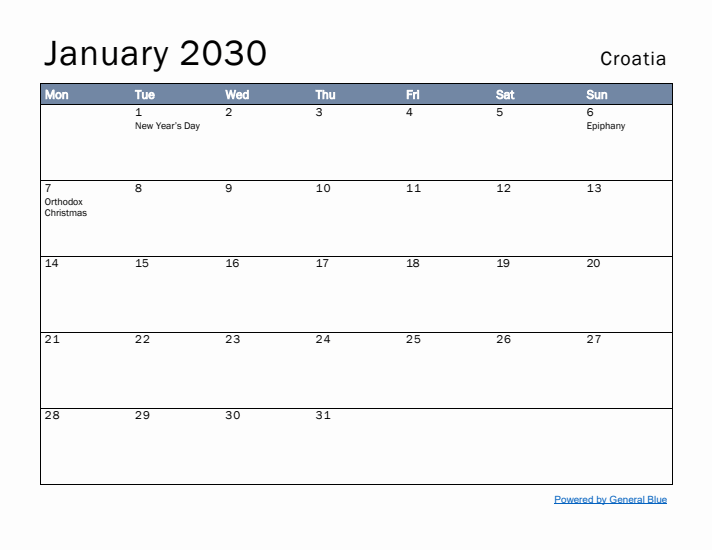 January 2030 Simple Monthly Calendar for Croatia