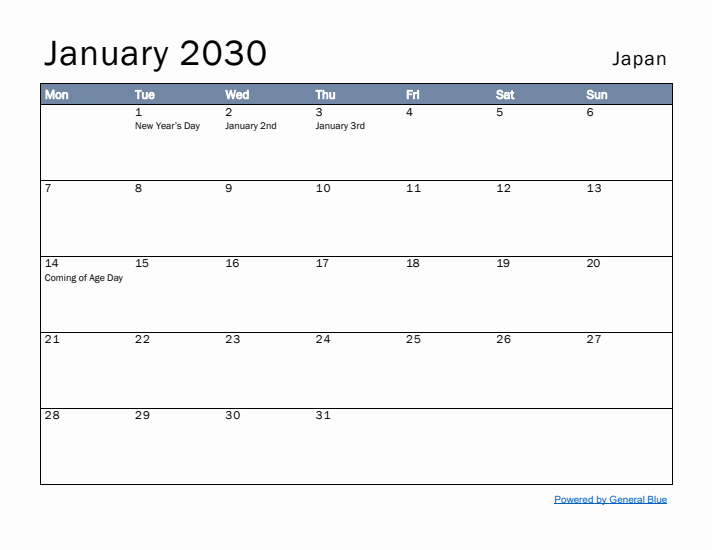 January 2030 Simple Monthly Calendar for Japan