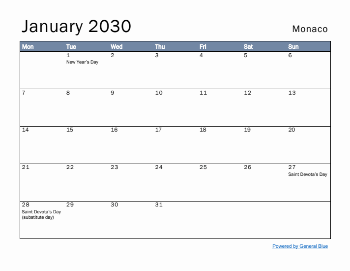 January 2030 Simple Monthly Calendar for Monaco