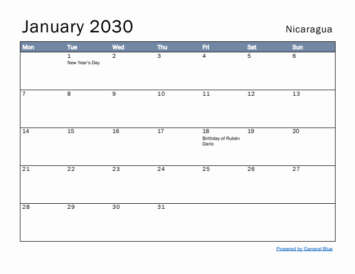 January 2030 Simple Monthly Calendar for Nicaragua