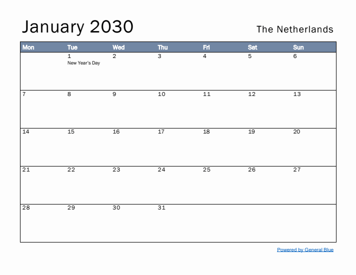 January 2030 Simple Monthly Calendar for The Netherlands