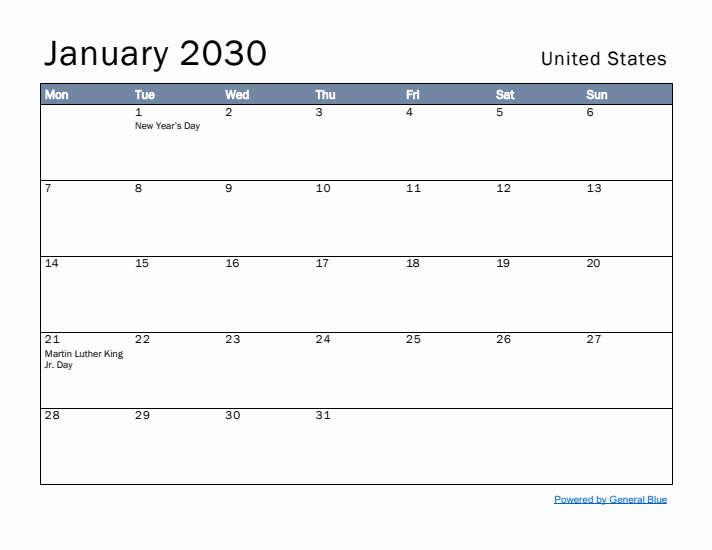 January 2030 Simple Monthly Calendar for United States