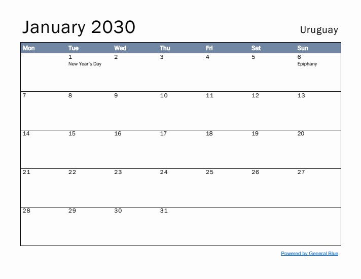 January 2030 Simple Monthly Calendar for Uruguay