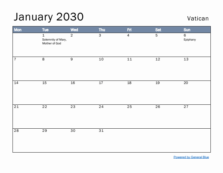 January 2030 Simple Monthly Calendar for Vatican