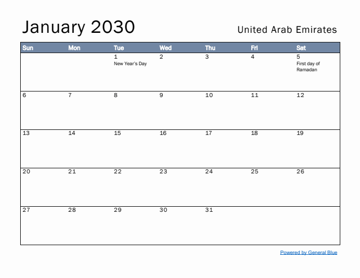 January 2030 Simple Monthly Calendar for United Arab Emirates