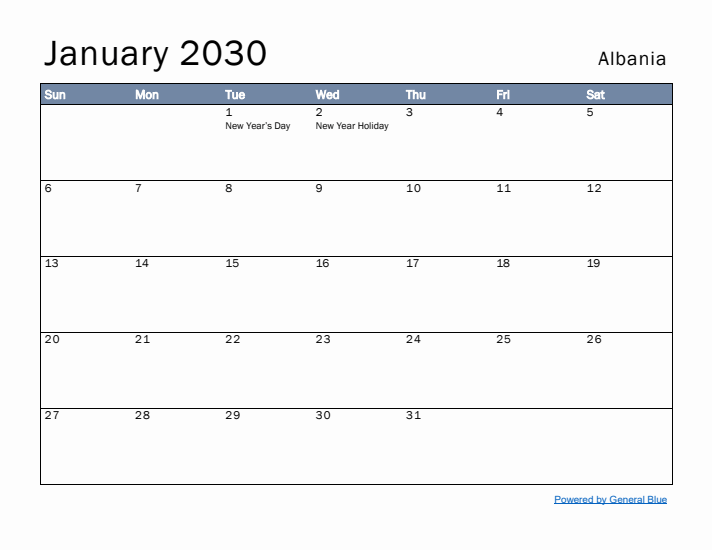 January 2030 Simple Monthly Calendar for Albania