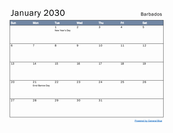 January 2030 Simple Monthly Calendar for Barbados