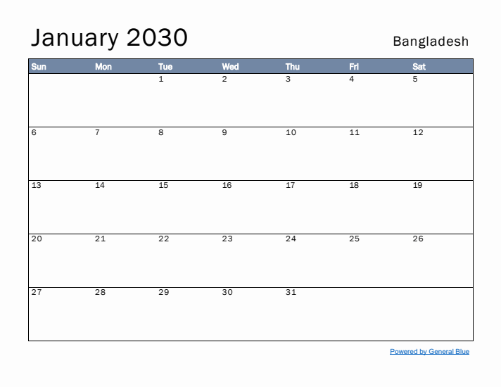 January 2030 Simple Monthly Calendar for Bangladesh