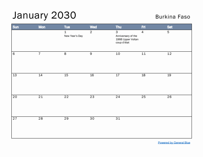 January 2030 Simple Monthly Calendar for Burkina Faso