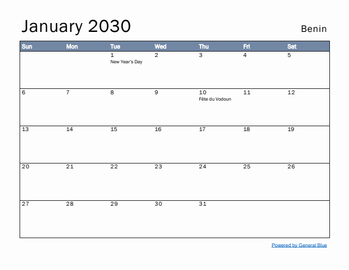 January 2030 Simple Monthly Calendar for Benin