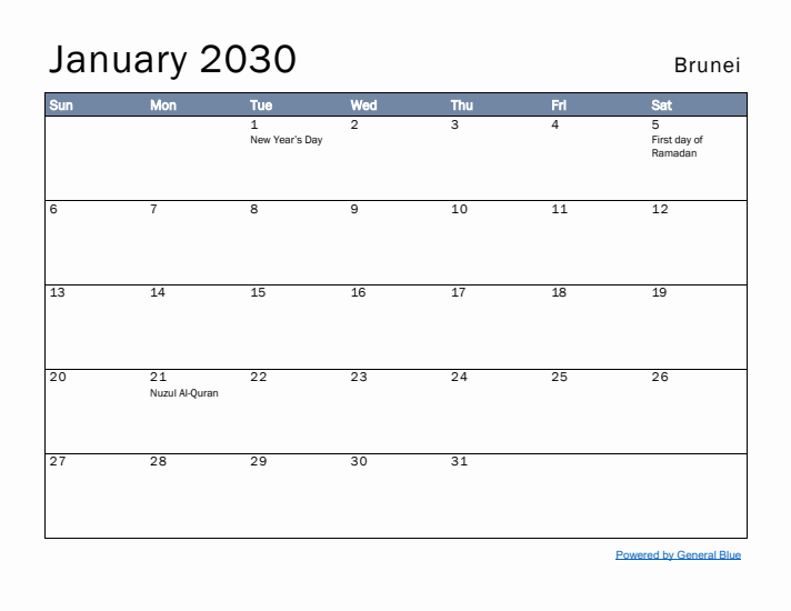 January 2030 Simple Monthly Calendar for Brunei