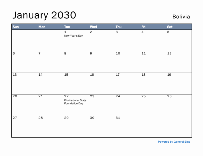 January 2030 Simple Monthly Calendar for Bolivia