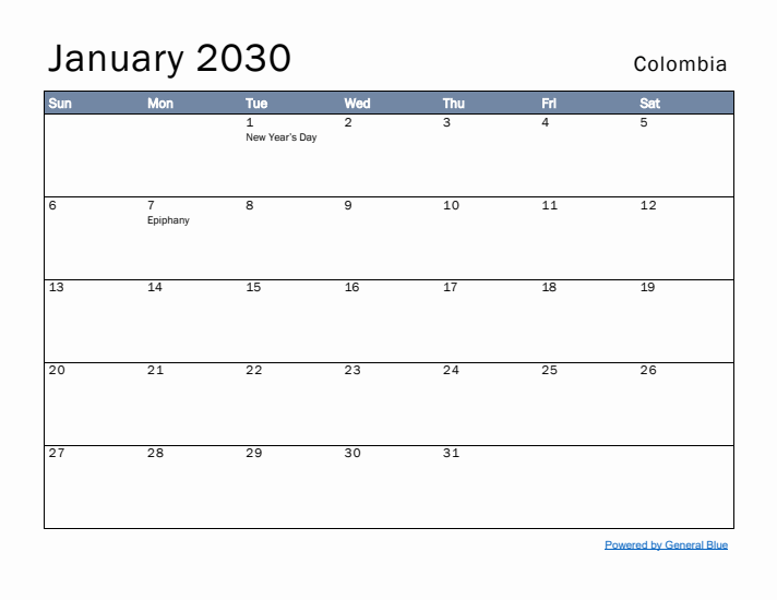 January 2030 Simple Monthly Calendar for Colombia