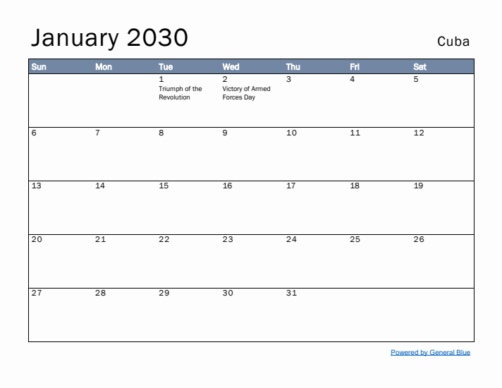 January 2030 Simple Monthly Calendar for Cuba