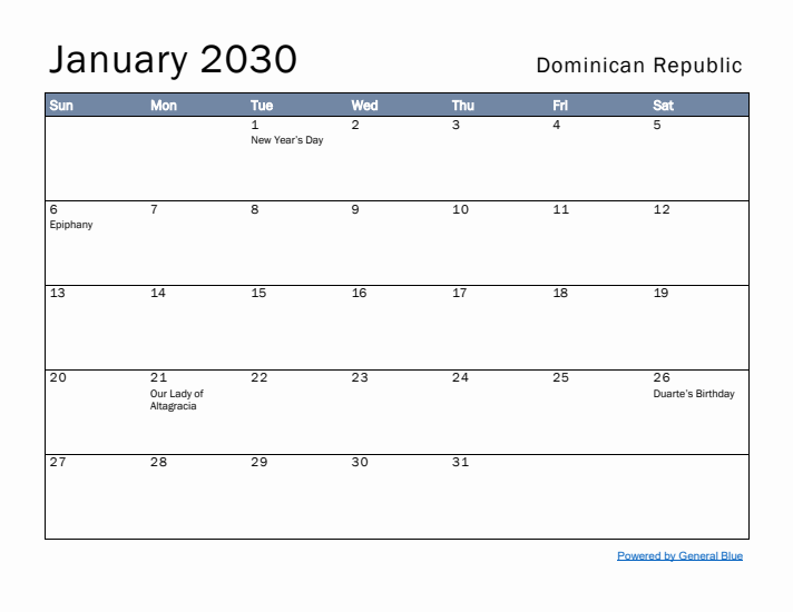 January 2030 Simple Monthly Calendar for Dominican Republic