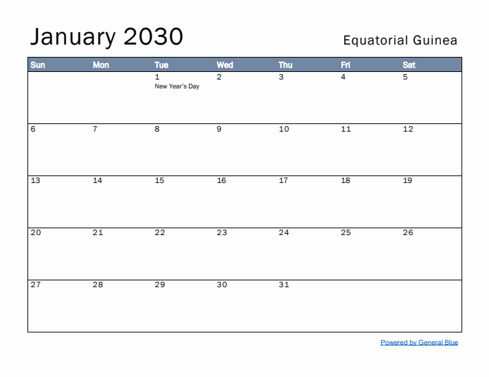 January 2030 Simple Monthly Calendar for Equatorial Guinea