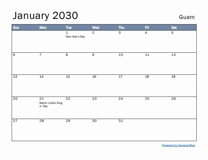 January 2030 Simple Monthly Calendar for Guam