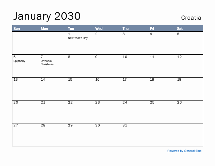 January 2030 Simple Monthly Calendar for Croatia