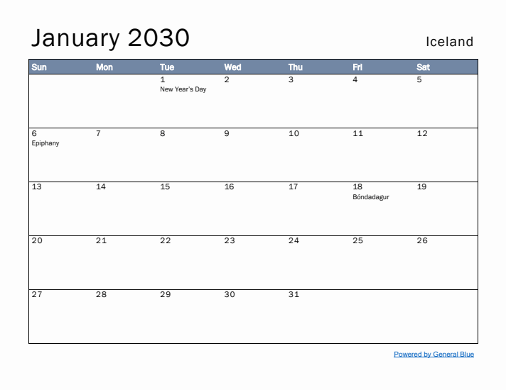 January 2030 Simple Monthly Calendar for Iceland