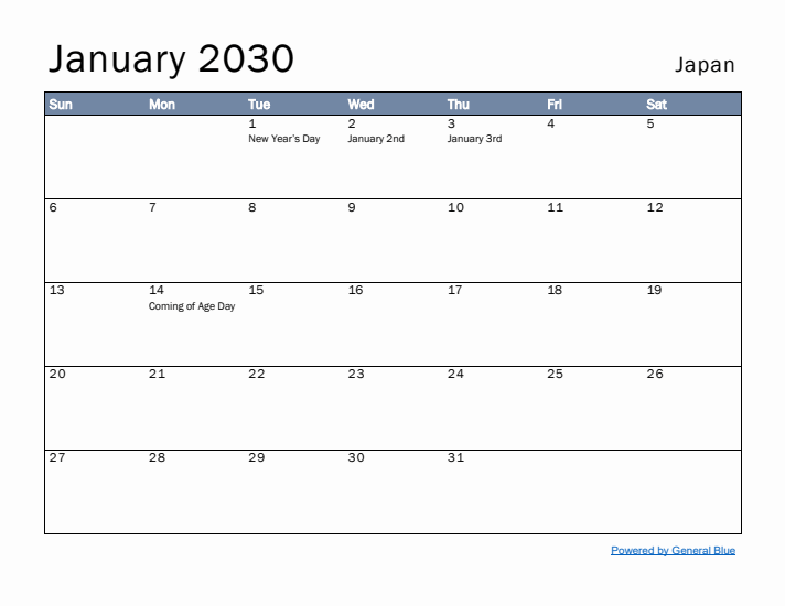 January 2030 Simple Monthly Calendar for Japan