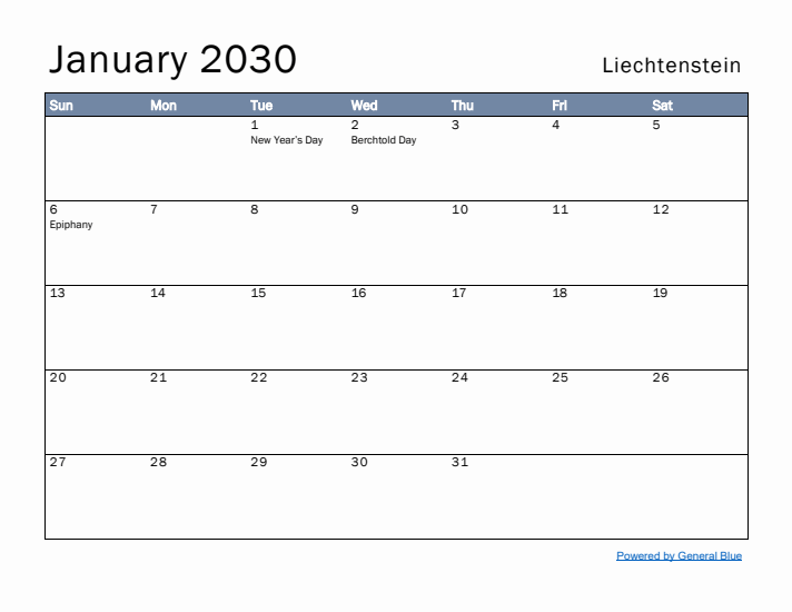 January 2030 Simple Monthly Calendar for Liechtenstein