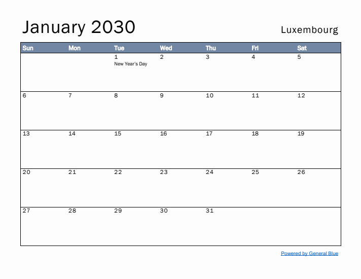 January 2030 Simple Monthly Calendar for Luxembourg