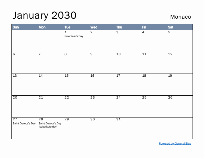 January 2030 Simple Monthly Calendar for Monaco