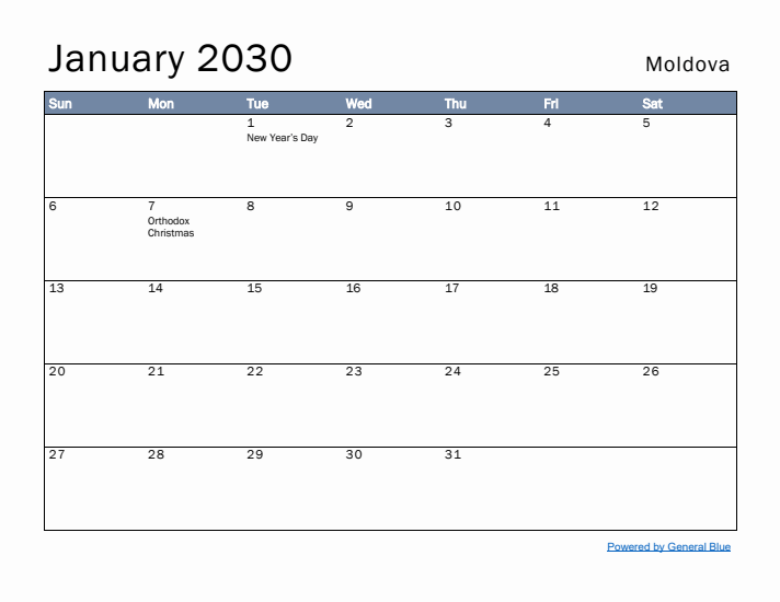 January 2030 Simple Monthly Calendar for Moldova