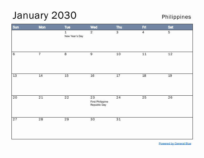 January 2030 Simple Monthly Calendar for Philippines